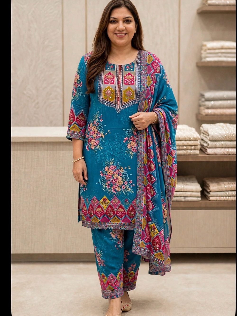 Teal Floral Printed Kurta with Pink & Yellow Accents
